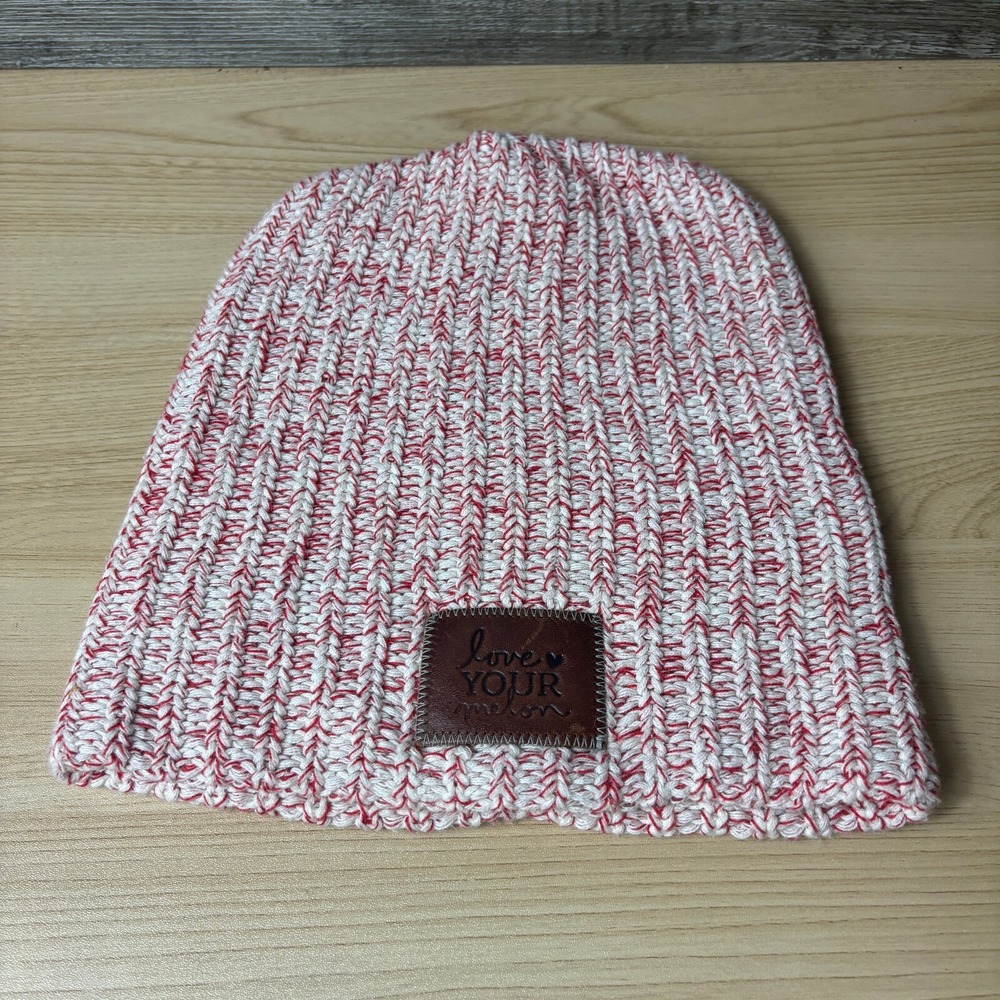 Love Your Melon Hat Beanie Womens Gray One Size Red White Knit Leather Patch